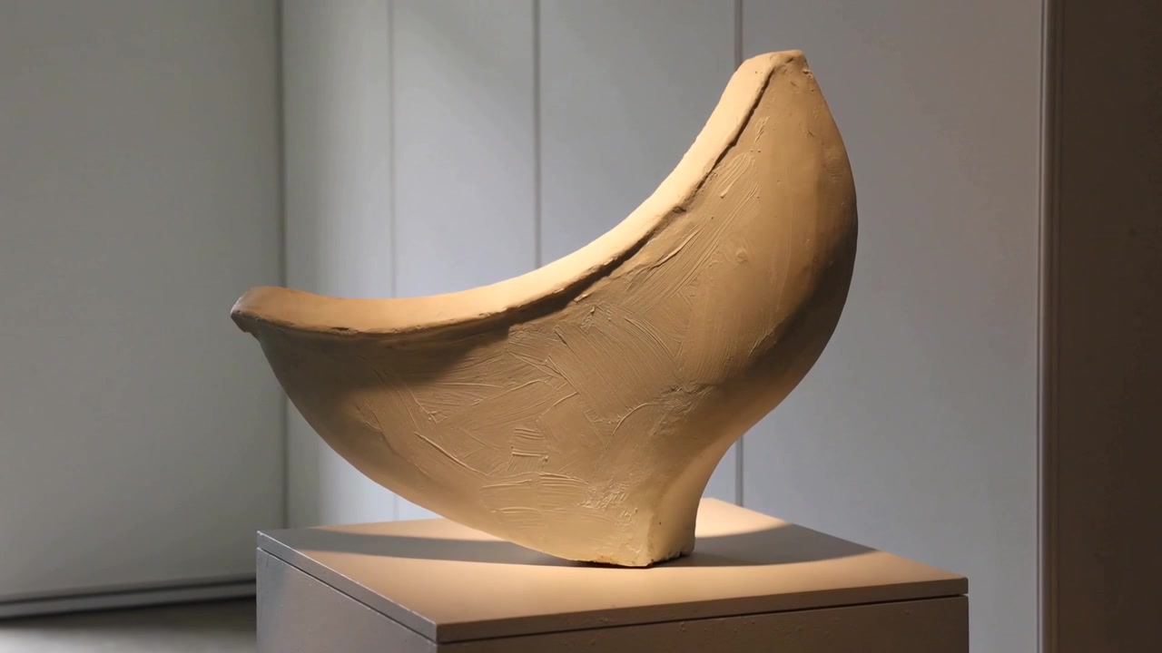 Starting playback, camera moving closer to crescent form on plinth in gallery, revealing texture