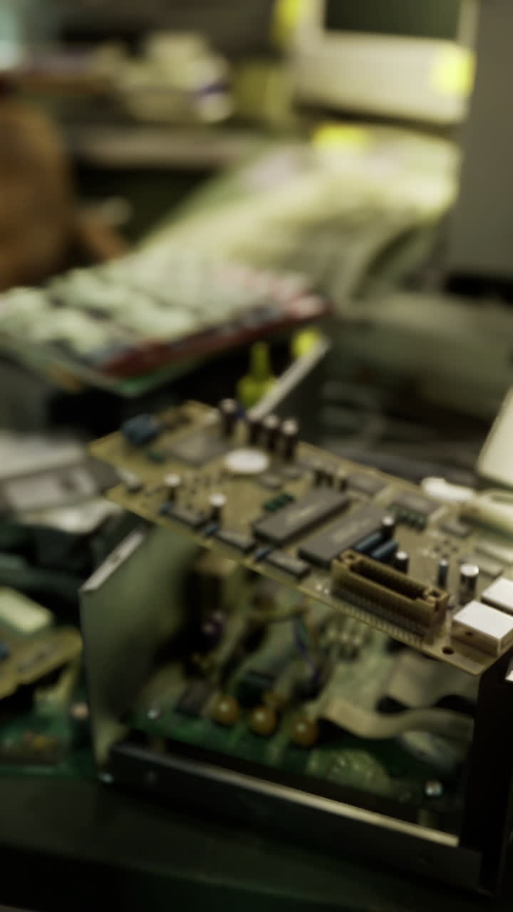 Old electronics and circuit boards scattered on a workbench in a workshop