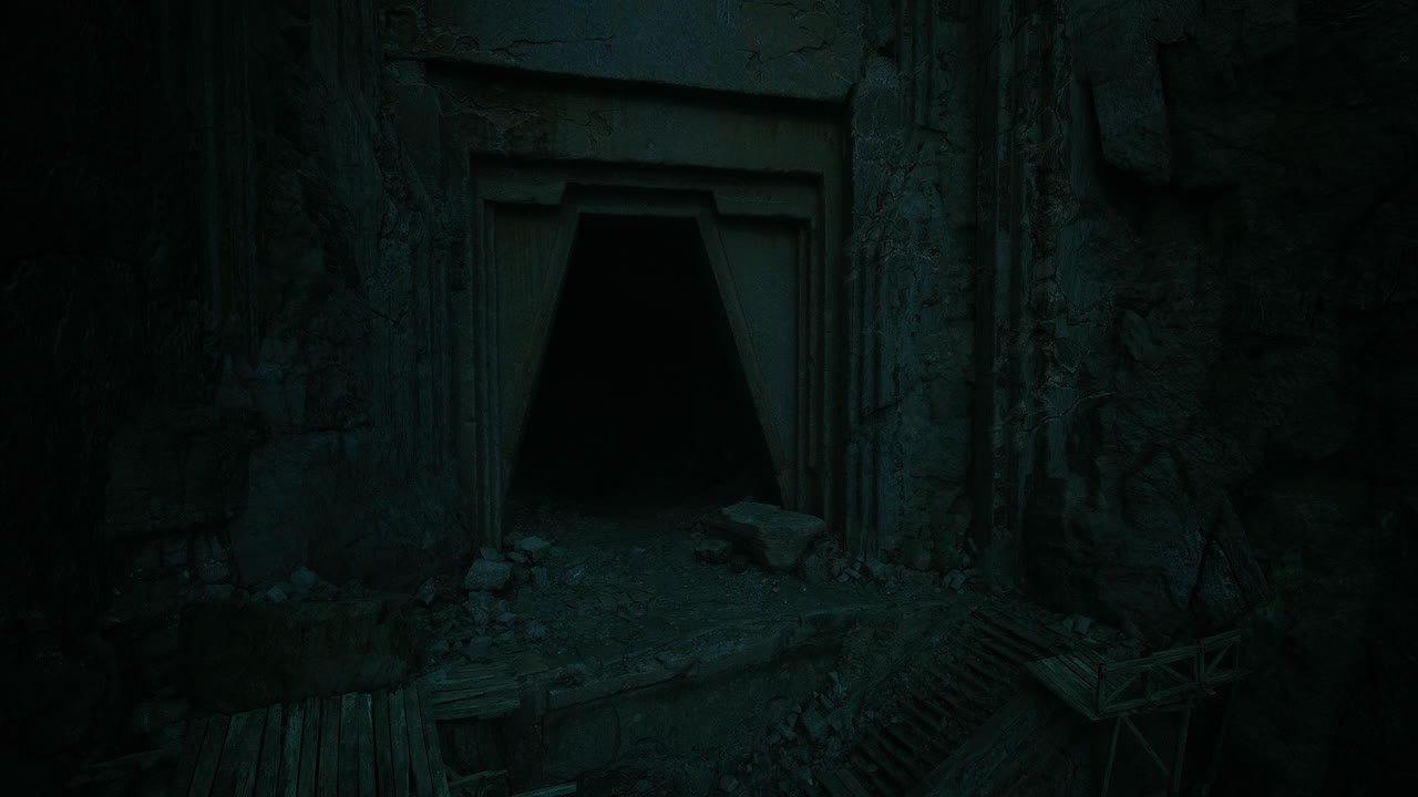 Mysterious dark entrance hidden within ancient stone ruins at dusk