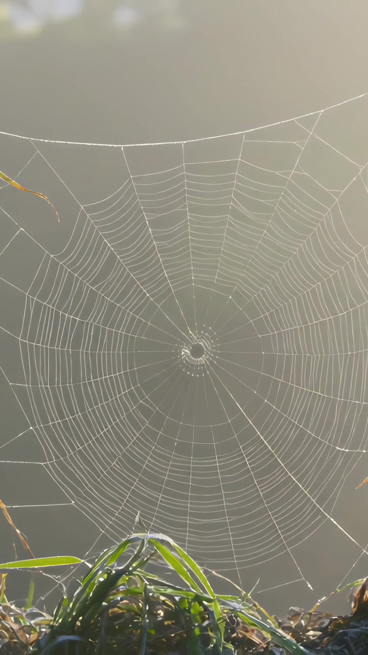 Vertical video: Glistening orb spider web catching morning mist in meadow, holding dew on threads