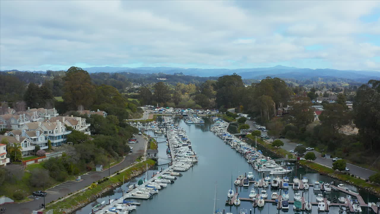 Aerial drone shot of the docked boats at the Santa Cruz Harbor, California, USA