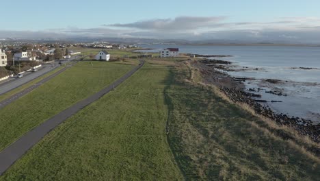 man running on grass path at atlantic ocean coast in iceland, aerial