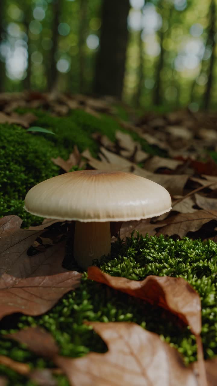 Close-up, low-angle shot of a mushroom on mossy ground with fallen leaves in a forest