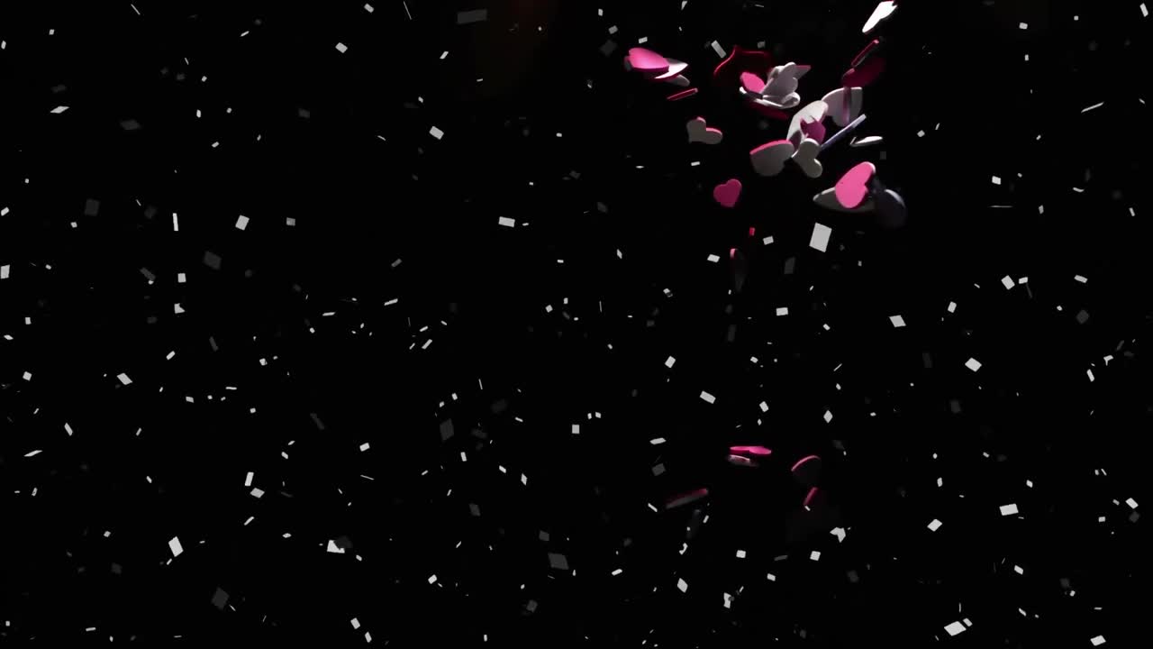 검은 바탕에 떨어지는 콘페티와 분홍색 심장의 애니메이션
