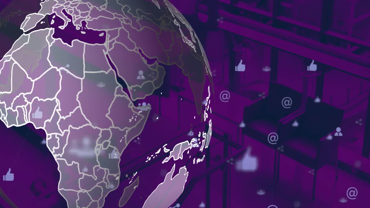 animación de un globo giratorio sobre múltiples iconos de computadora contra una oficina vacía