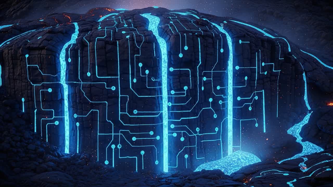 An Intriguing Glimpse of a Futuristic Landscape Featuring a Glowing Circuitry Rock Form, with Streams of Light Cascading Down Its Surface, Evoking Technology's Relationship with Nature