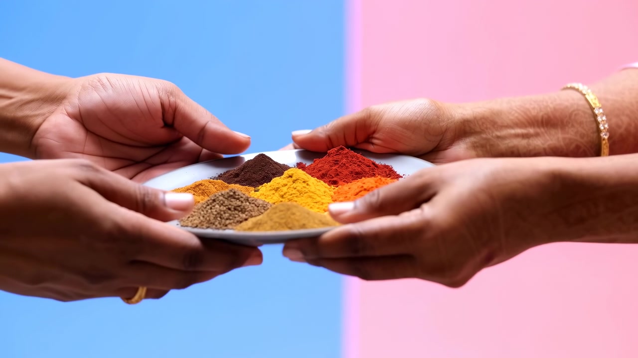 Eye-level close-up shows two pairs of adult hands passing shallow white plate with six small mounds of powdered spices in vivid yellow, orange, red, brown, tan, and beige, with spice, plate, hand