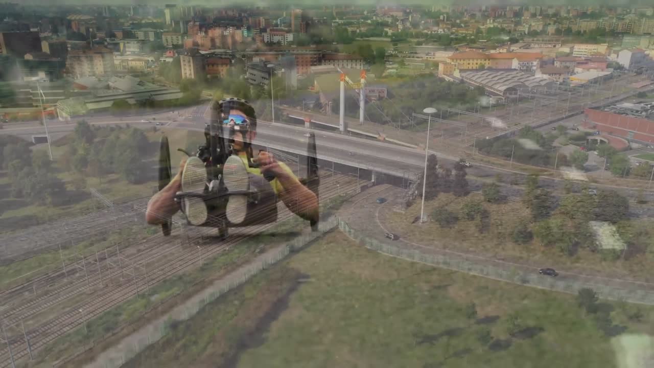 Animazione di città su uomo caucasico con bicicletta