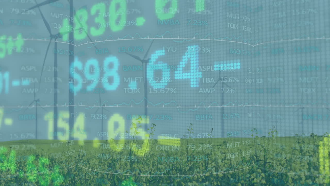 Wind turbines in field with stock market data overlay animation