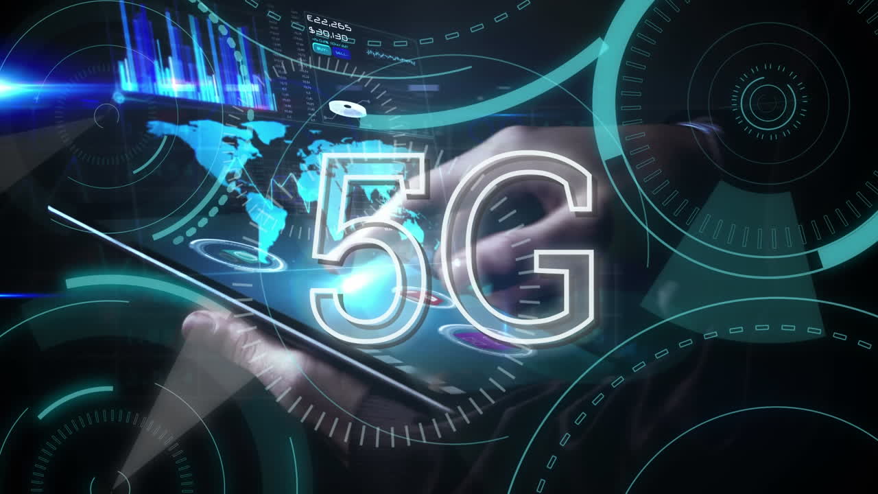 animazione di testo 5g con scansione di scopi, mappa del mondo e elaborazione dei dati