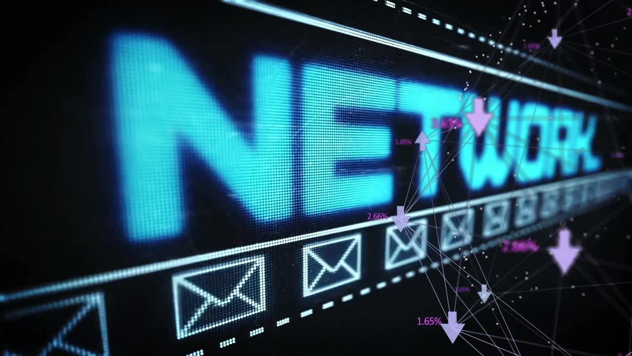 Concetto di rete digitale con testo luminoso e icone email su animazione di dati.