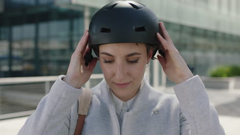 close up portrait of young business woman executive commuter puts on safety helmet in city