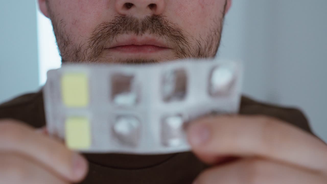 Primo piano di un uomo che tiene in mano ed esamina attentamente una confezione blister di compresse. Concetto di assistenza sanitaria, decisione sul farmaco, trattamento, salute mentale, industria farmaceutica e responsabilità personale