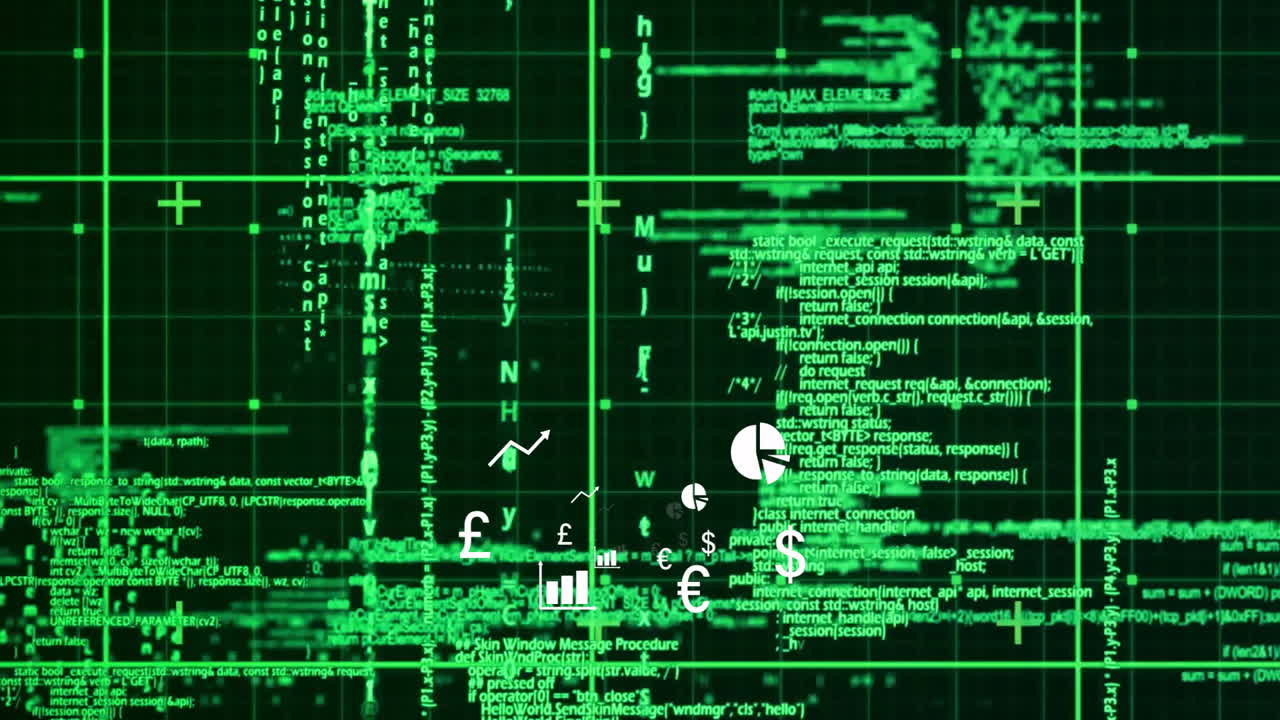 Green digital code and data processing animation on dark grid background