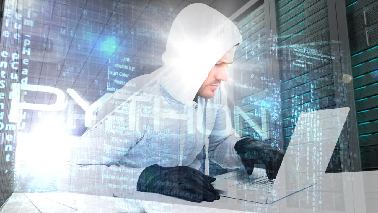 데이터 센터 4k에서 노트북을 사용하는 후드 해커의 디지털 애니메이션