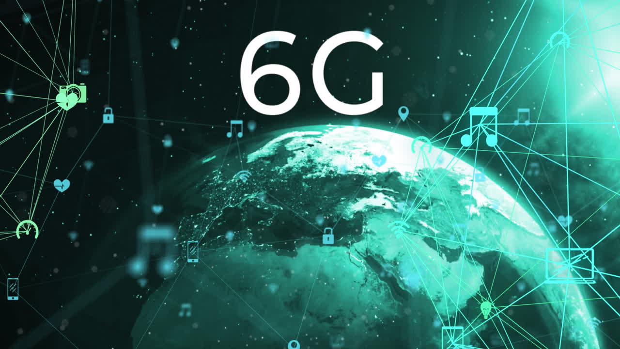 Animazione di una rete di connessioni con testo 6G sul globo