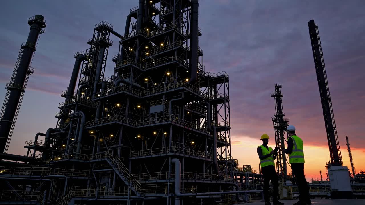 Oil Refinery Workers at Sunset