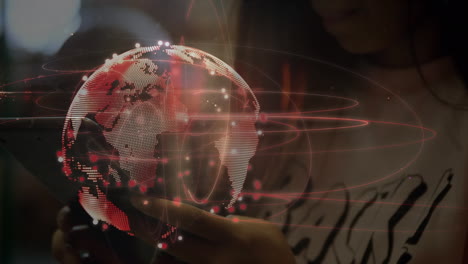 Animation of globe and networks of connections over female student using tablet