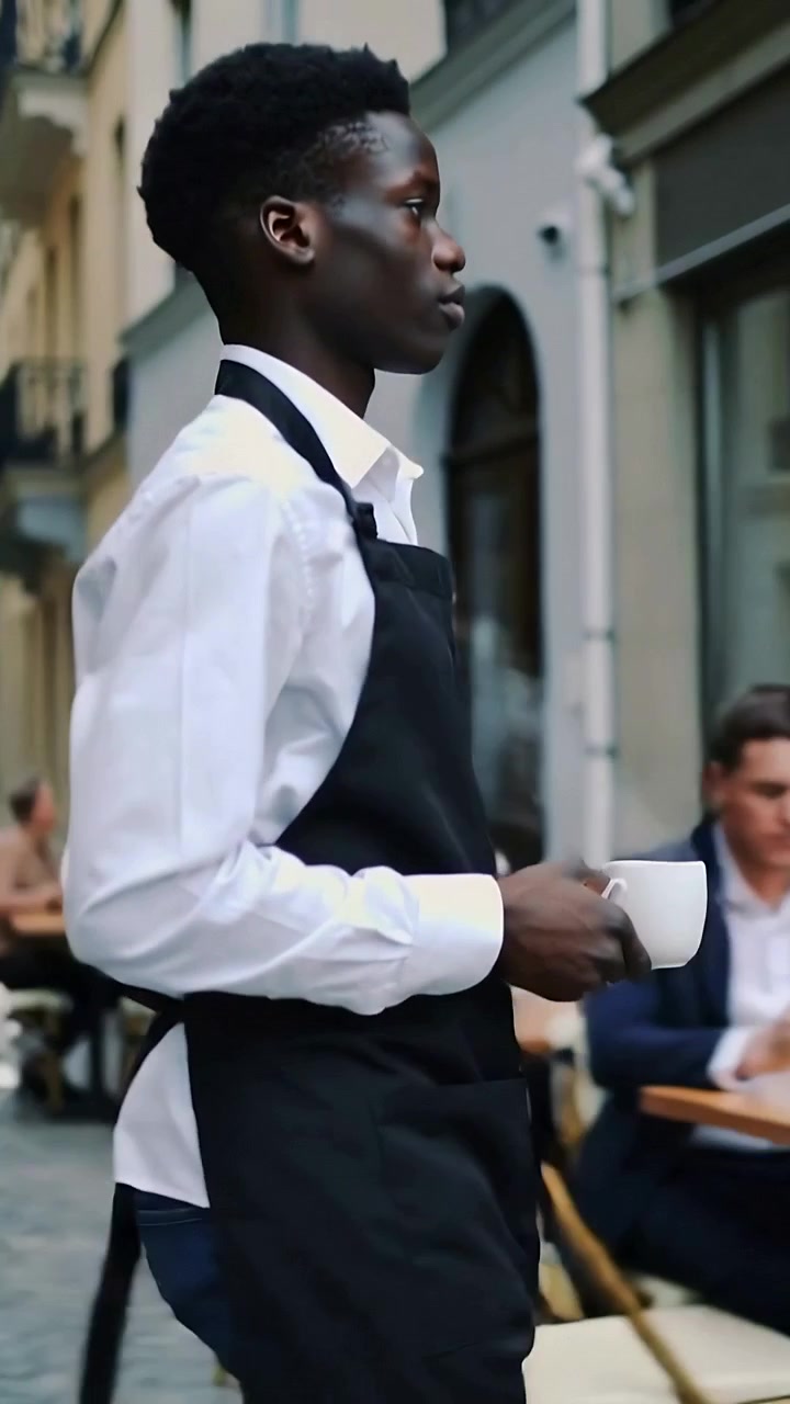 Vertical video: Walking waiter holding white cup, black apron entering left at cafe serving patrons