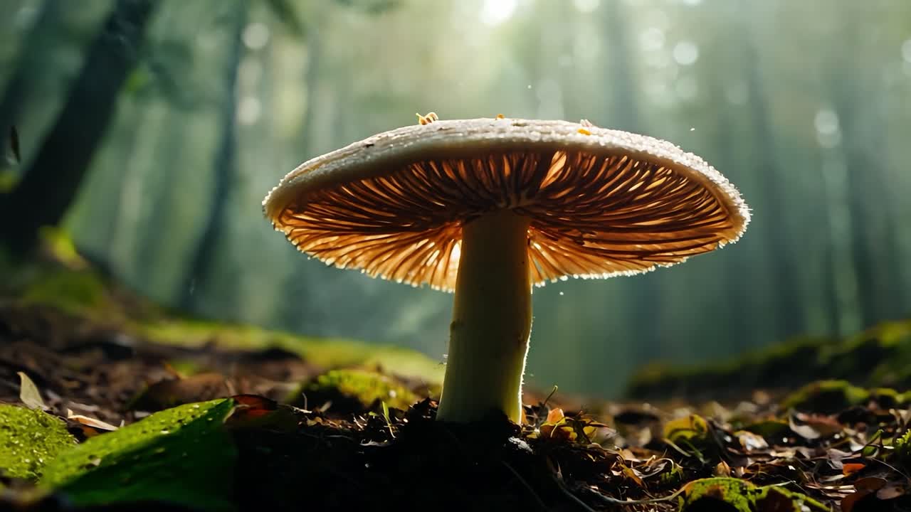 숲 바닥에 있는 버섯의 갈비를 점진적으로 비추는 빛은 매혹적인 자연 풍경을 만니다.