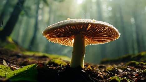 sunlight gradually illuminating the gills of a mushroom on the forest floor creates a captivating natural scene