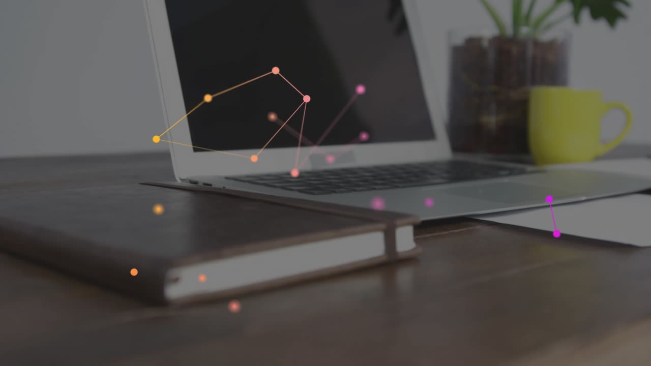 Light nodes materializing at laptop base forming network above notebook visualizing connections