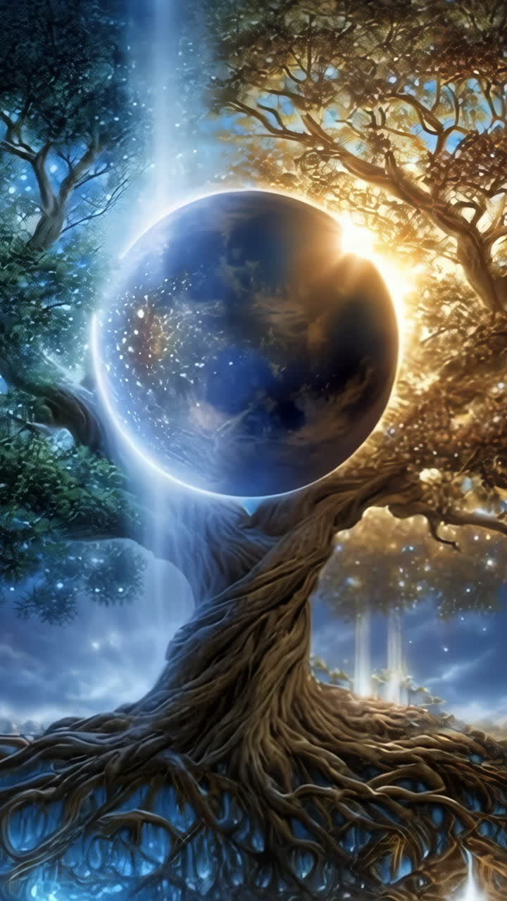 Starry cosmic tree of life. A majestic tree connects the earth and universe with vibrant colors, glowing elements, and celestial motifs.