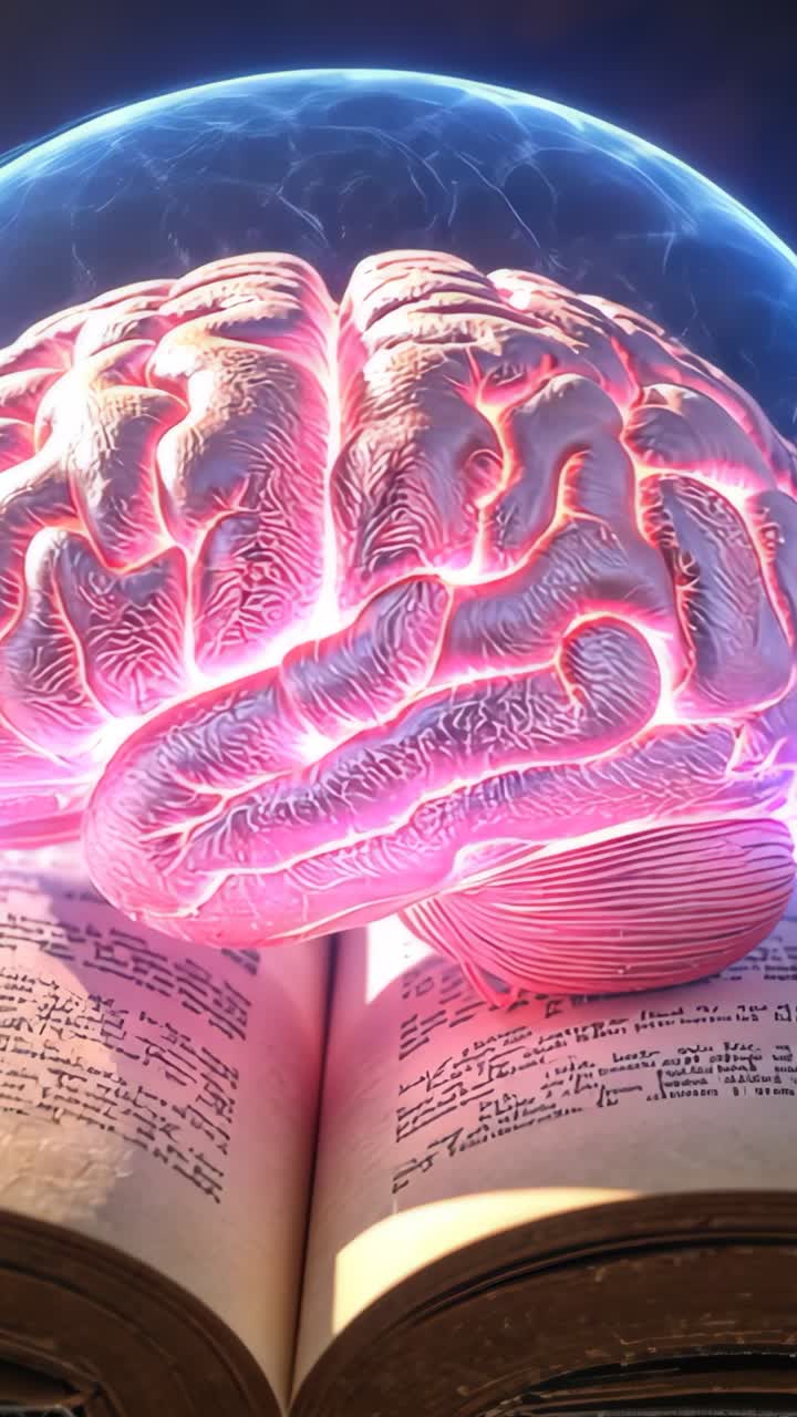 Vertical video: Emerging blue sphere initiating brain pulsing above book in void, illuminating text