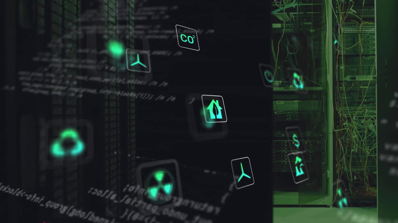 Animation of eco icons and data processing over computer servers