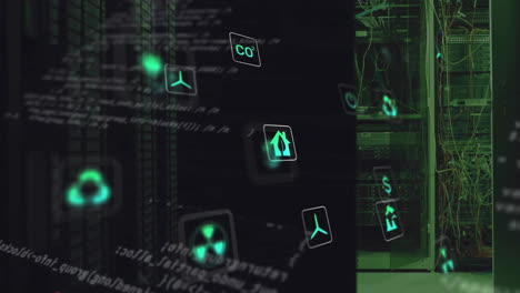 animación de iconos ecológicos y procesamiento de datos a través de servidores informáticos.