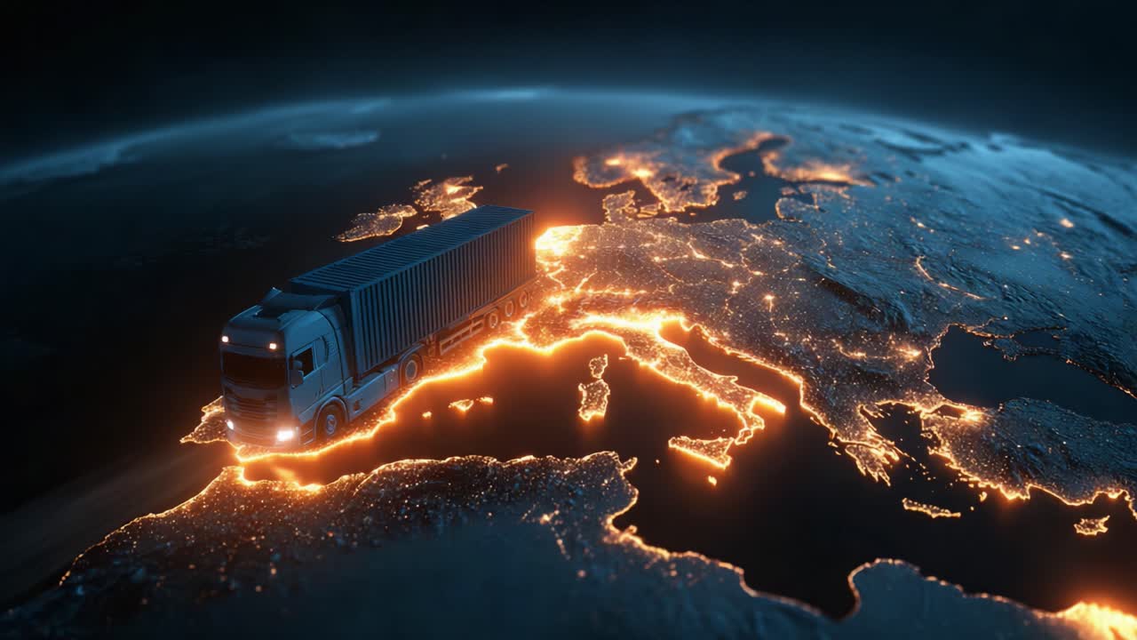 A Futuristic Visualization of Global Logistics: A Truck Traveling Across a Digitally Illuminated Map Representing Europe's Transport Network
