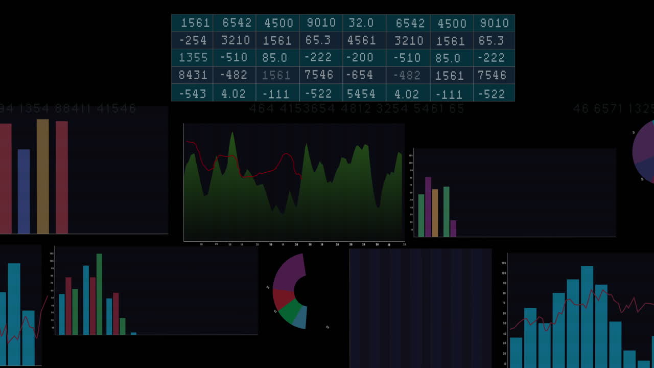Animation of financial data processing on black background
