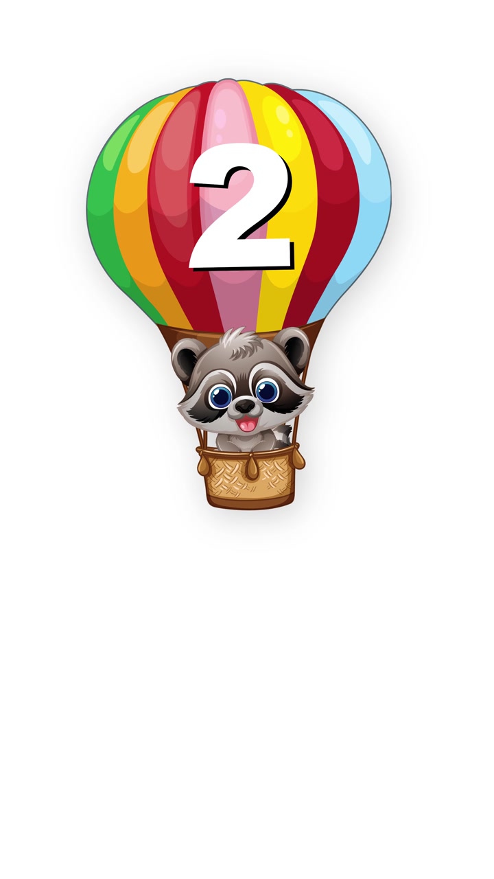 Cartoon raccoon floats upward in colorful hot air balloon against plain white vertical background.