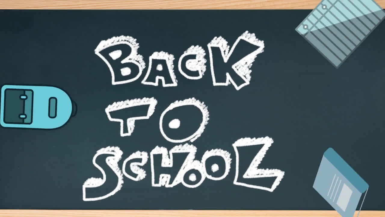 학교에 돌아가는 교과서의 애니메이션이 학교 물건 위에 떨어집니다.