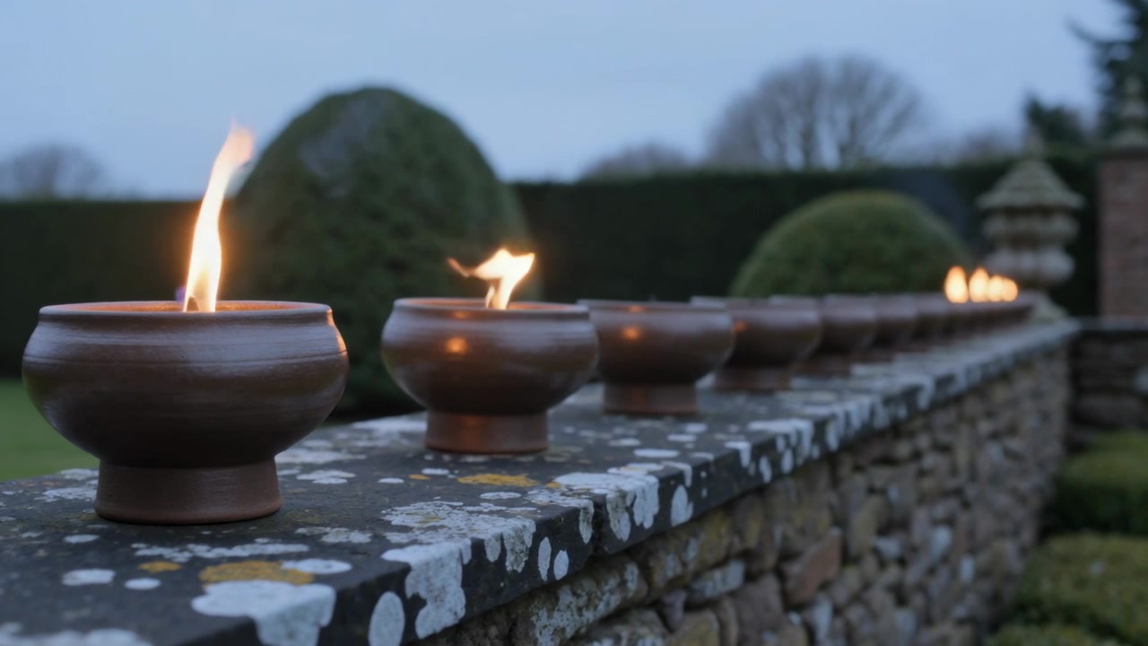 In primo piano su un bruciatore a olio marrone, la prima fiamma si diffonde lungo un muro di pietra coperto di licheni in giardino.