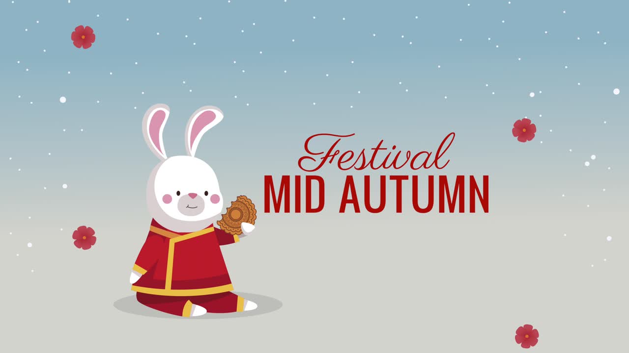 mid autumn lettering animation with rabbit eating mooncake