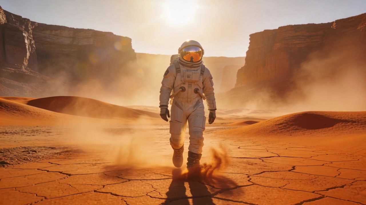 Astronauta in tuta che cammina attraversando una pianura di canyon rosso per ispezionare il terreno crepato, sollevando polvere arancione