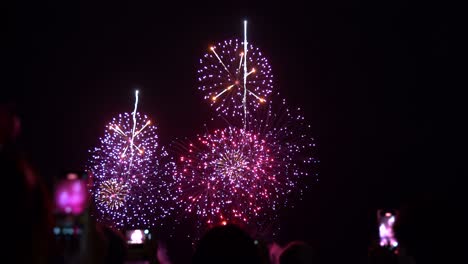 increíble paisaje de fuegos artificiales con siluetas de personas