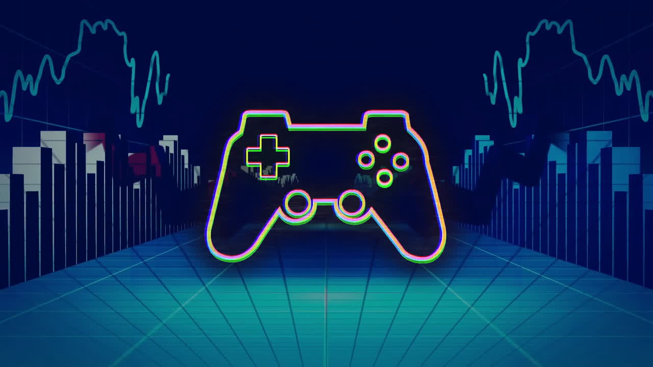 Animation of neon game controller over digital landscape with soundwave patterns