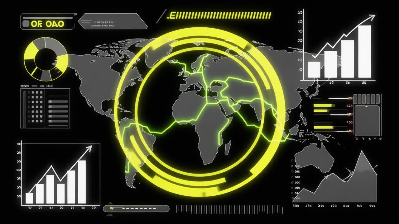 Mappa del mondo animata con dati globali e grafici aziendali