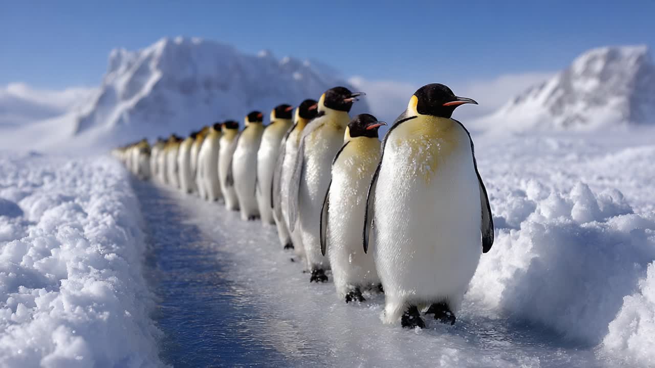 A Continuous Line of Majestic Penguins Navigating Icy Terrain Under a Clear Blue Sky, Showcasing Their Unique Formation and Adaptation in a Stunning Natural Habitat