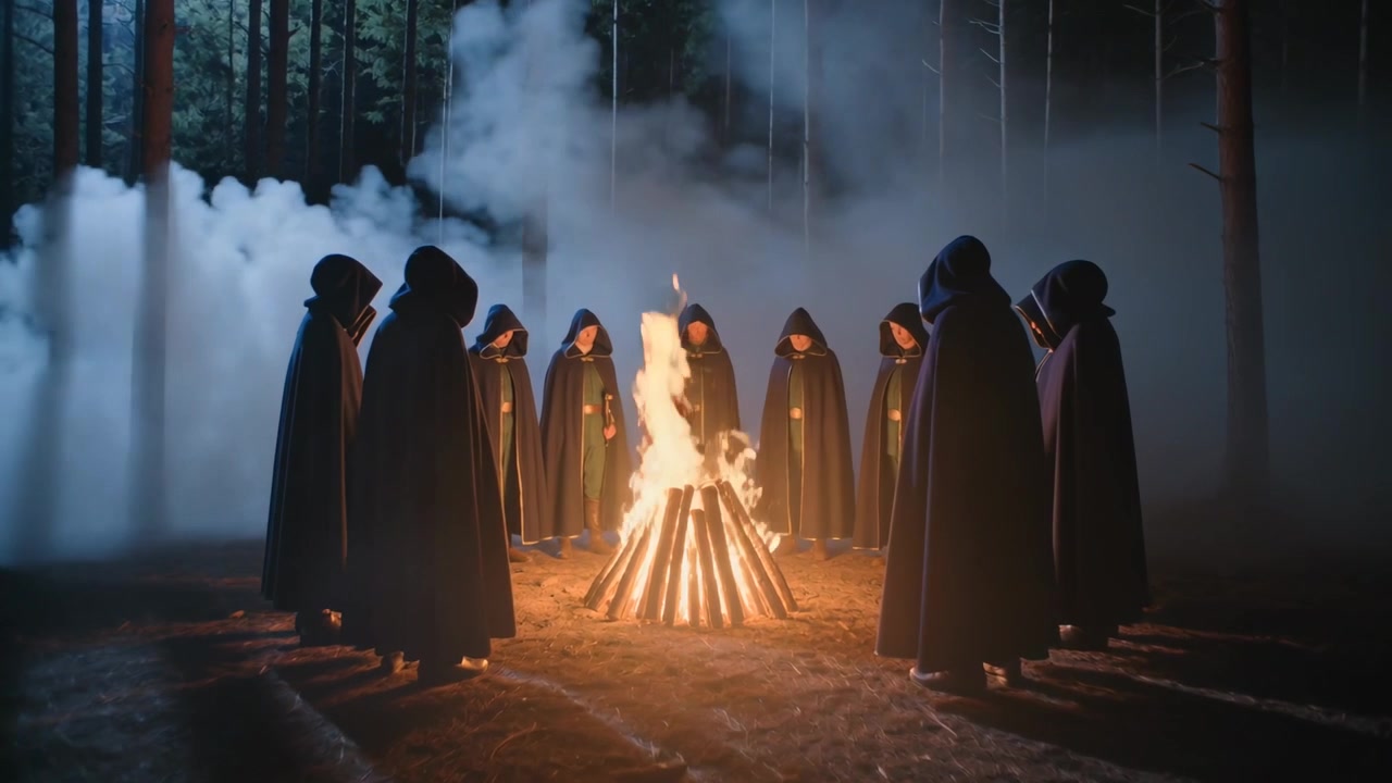 Tilslørede figurer danner en ring og udfører et ritual på en fyrretræsrydning om natten, mens træstammer antændes, og flammer stiger.