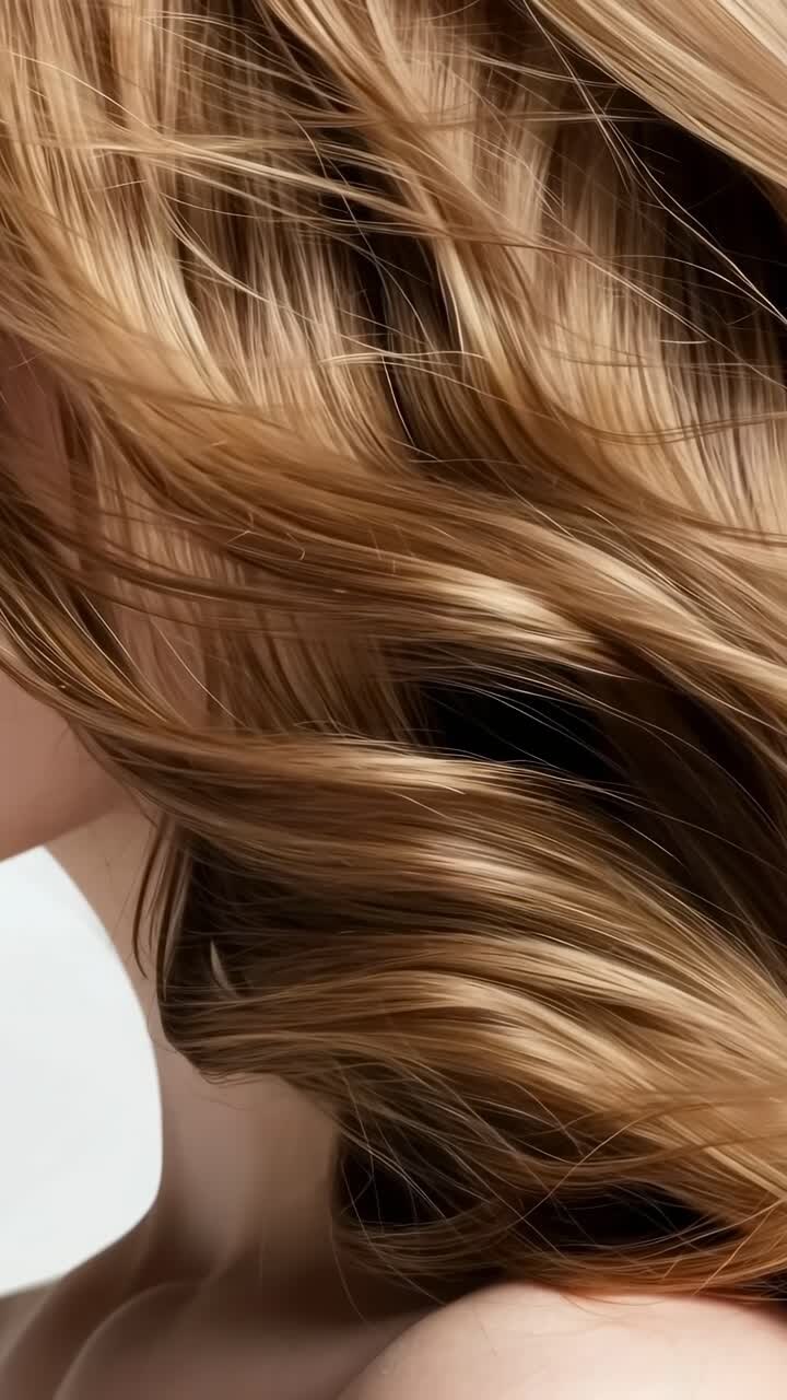 Primo piano video di capelli biondi fluenti, che cattura la texture liscia e il movimento