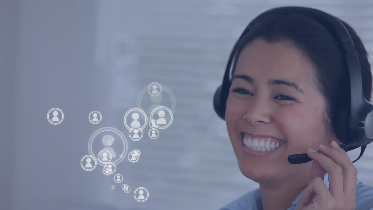 animación de personas iconos volando sobre una mujer usando auriculares de teléfono