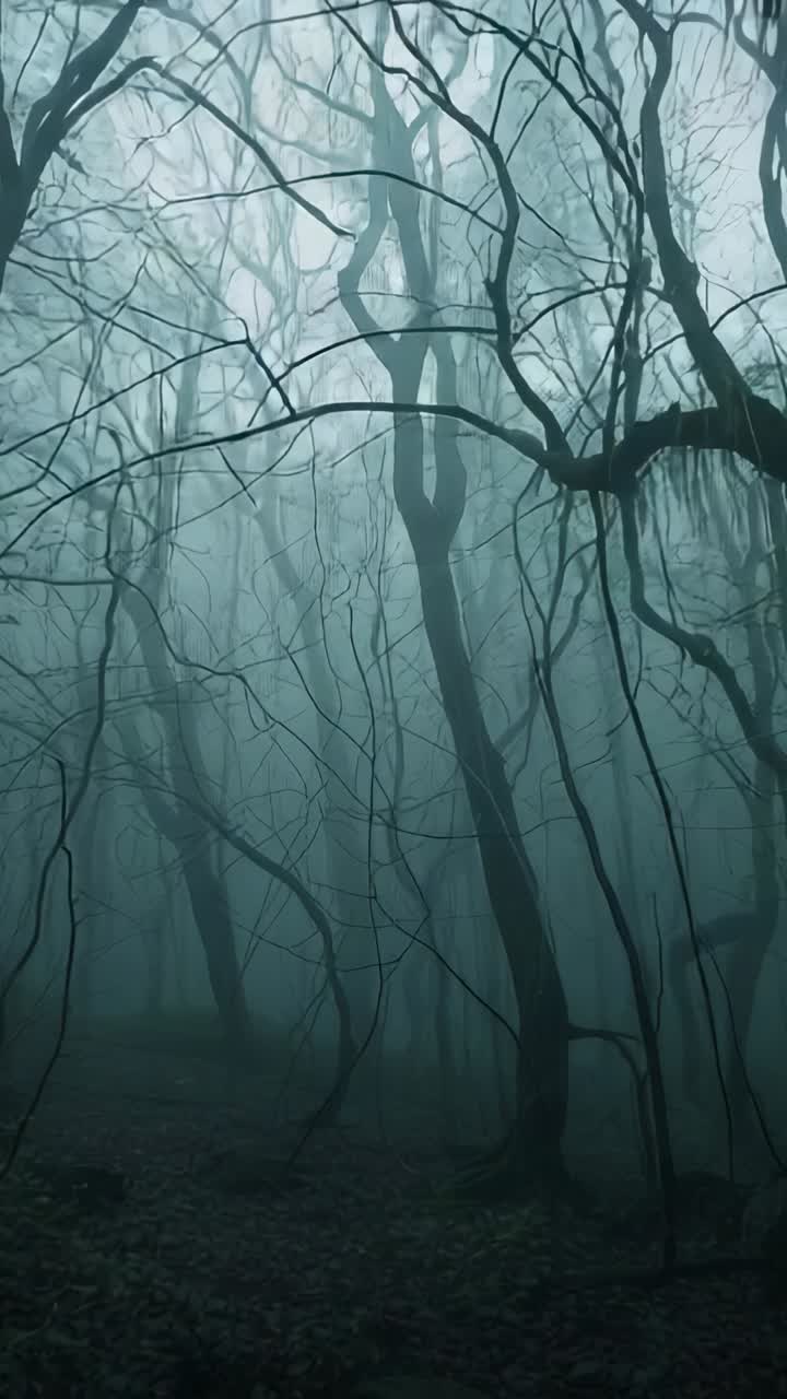 Vertical video: At start camera panning revealing bare trunks and mossy limbs in foggy forest