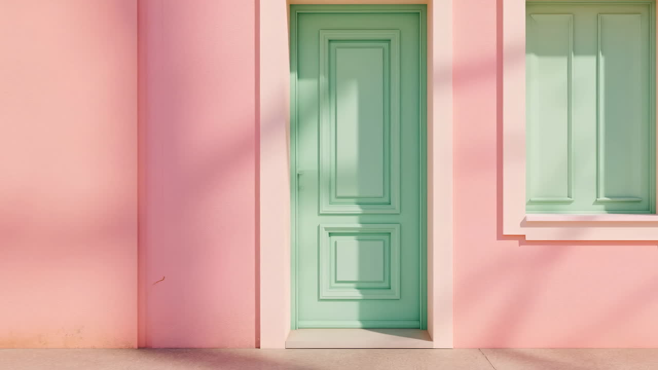 Pared rosa, ventana de puerta menta bañada en cálida luz solar, fachada de estuco rosa millennial con persiana verde menta.