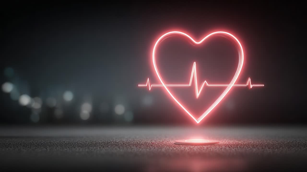 A Captivating Display of Heart Health Visuals Featuring a Neon Heart and Pulse Line Representing Vital Signs and Well-Being in a Darkened Environment