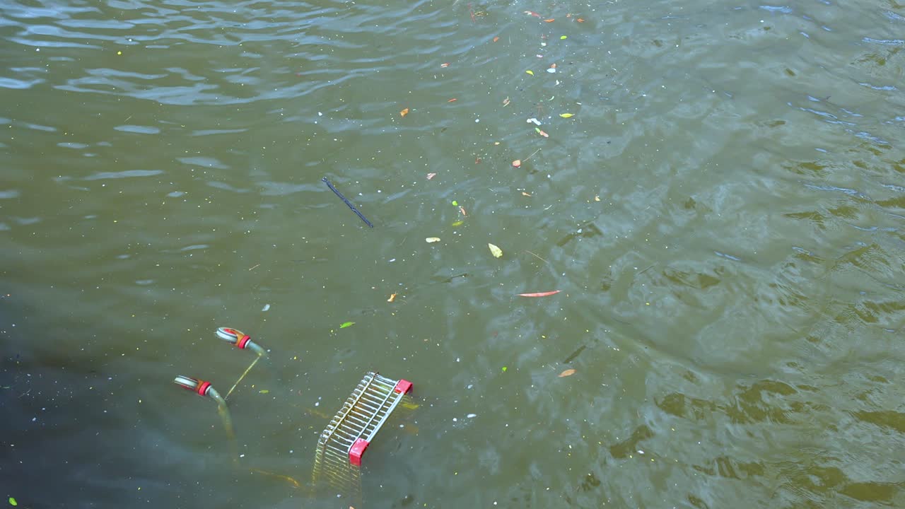 A shopping cart gradually sinks in murky water, captured over 14 seconds with natural lighting and steady camera