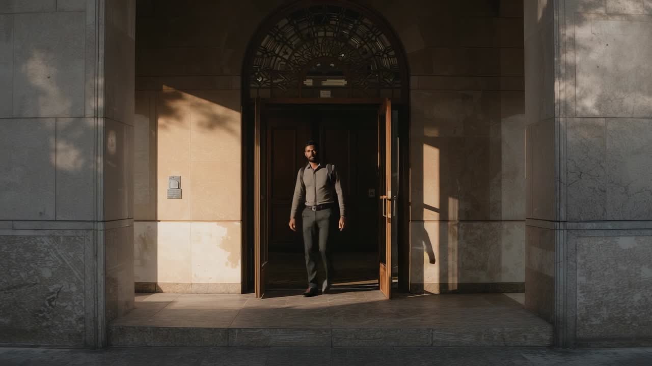 Uomo con borsa che esce da un portone buio camminando verso sinistra, pendolare su un marciapiede soleggiato, porte di legno