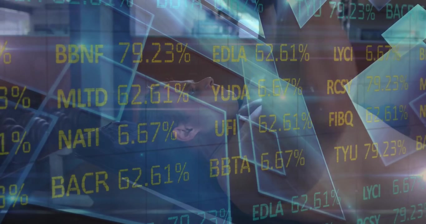 Composite of financial data processing over man exercising